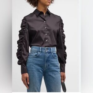 Harshman Women's Small Juliana Ruffles Sleeve Cotton Button Front Shirt Black